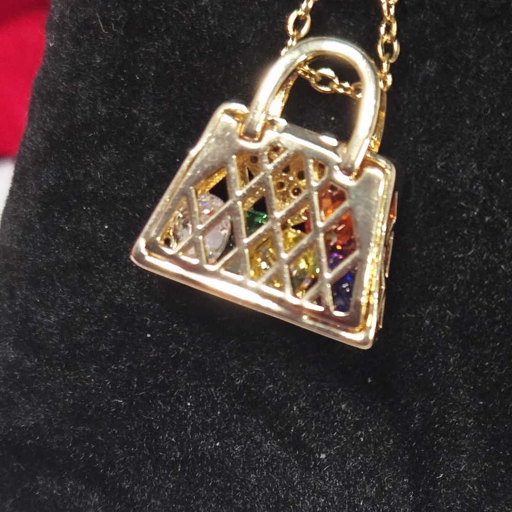 Gold Handbag Necklace Rhinestone Purse Pendant Cute Bling Fashion Jewelry Gift - Picture 6 of 10